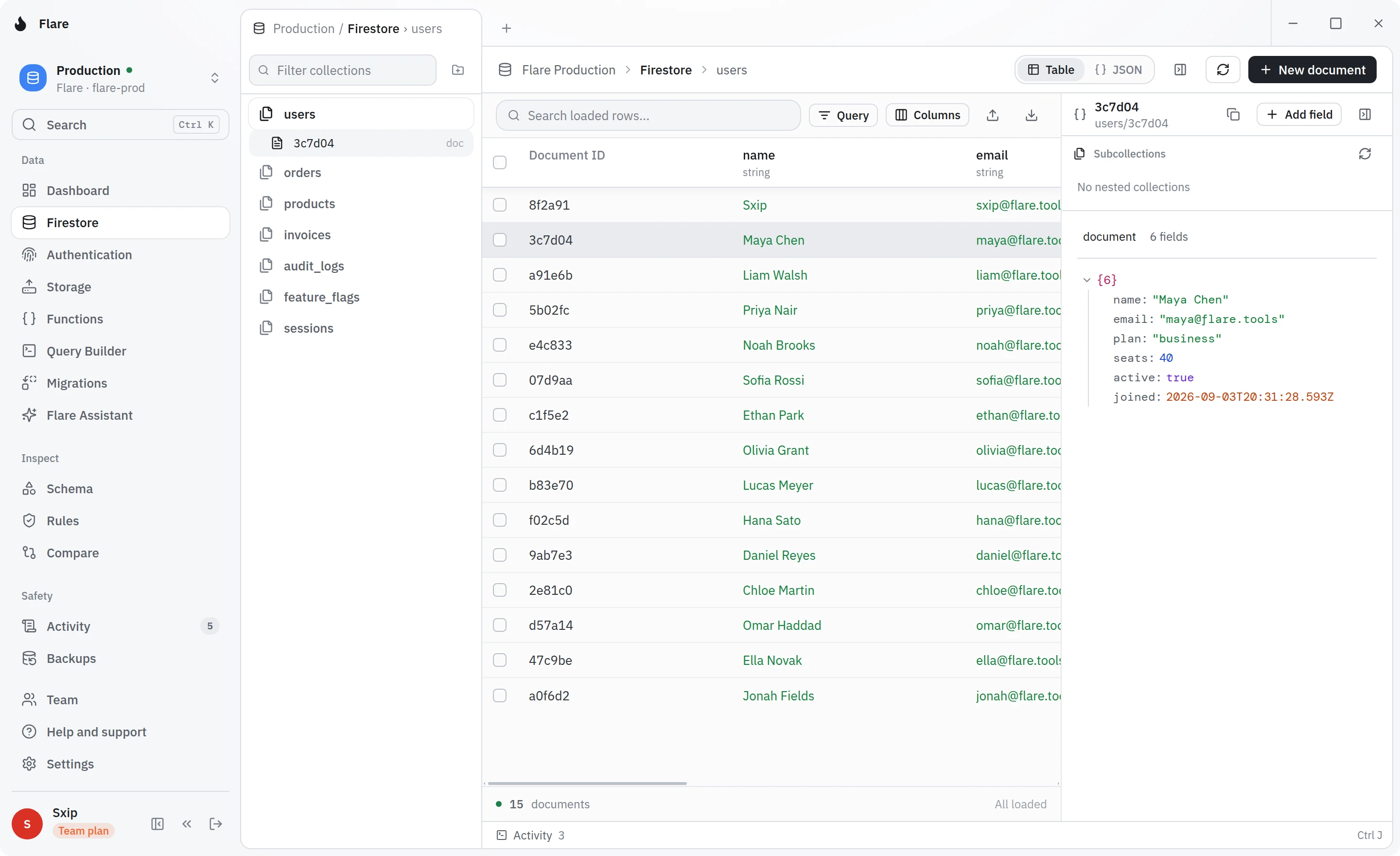 The Flare workspace: a Firestore collection open as a table, with the document inspector beside it