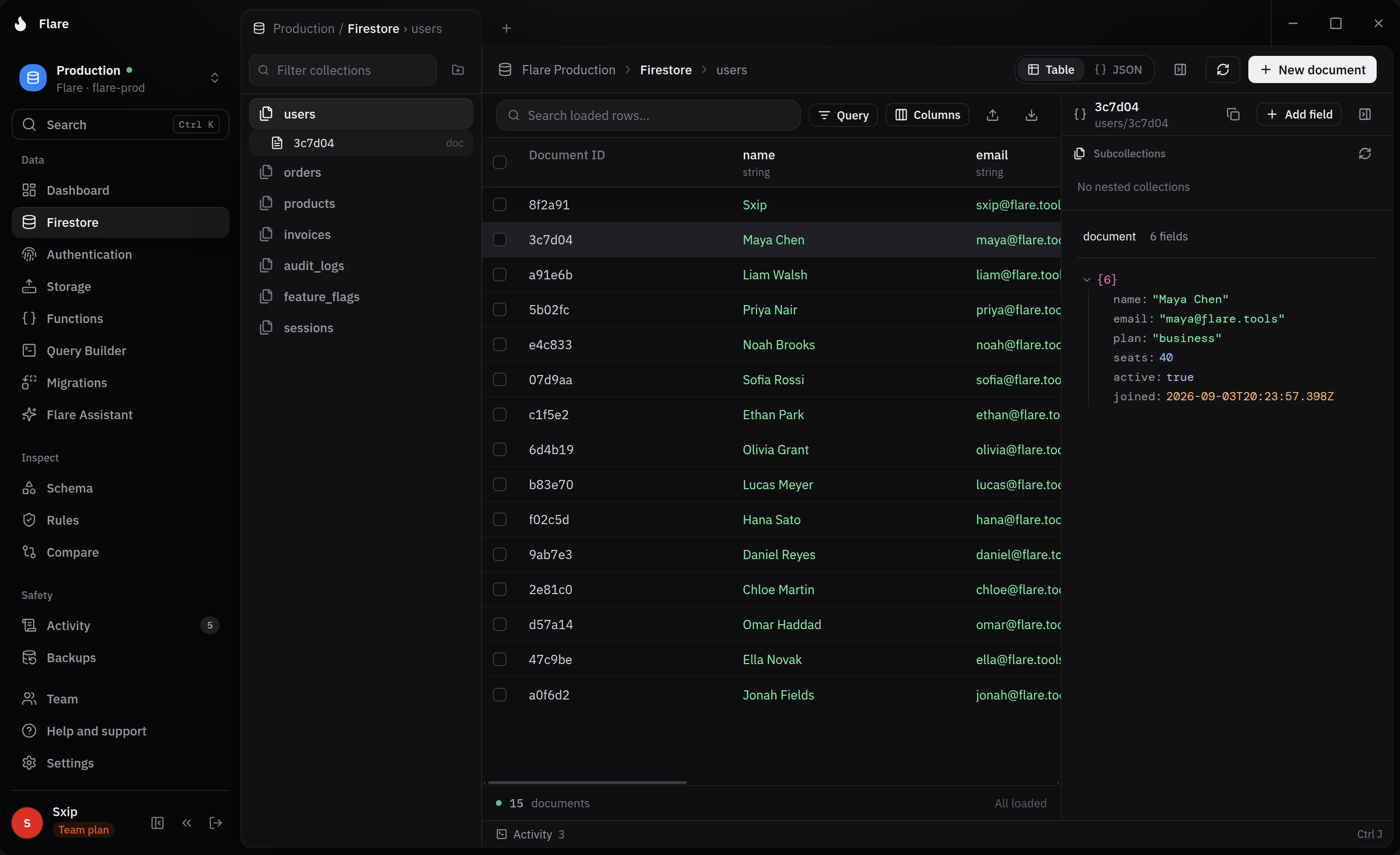 The Flare workspace: a Firestore collection open as a table, with the document inspector beside it